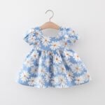 Sweet Children's Clothing Summer Flowers Puff Sleeves Baby Girls Dresses Fashion Bow Toddler Thin Kids Costume 0 To 3 Years Old