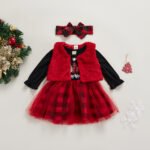 3 Pcs Elegant Baby Girl  Christmas Dress Set Long Sleeve Round Neck Tree Printed Tops Plaid Multi Layer Skirt Vest Headband - Image 2