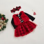 3 Pcs Elegant Baby Girl  Christmas Dress Set Long Sleeve Round Neck Tree Printed Tops Plaid Multi Layer Skirt Vest Headband - Image 5
