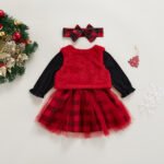 3 Pcs Elegant Baby Girl  Christmas Dress Set Long Sleeve Round Neck Tree Printed Tops Plaid Multi Layer Skirt Vest Headband - Image 3