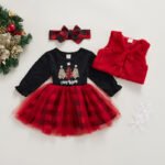 3 Pcs Elegant Baby Girl  Christmas Dress Set Long Sleeve Round Neck Tree Printed Tops Plaid Multi Layer Skirt Vest Headband - Image 4