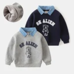 2025 New Style Kids Clothes Pullover Cotton Fake Two-Piece Sweatshirt 2-7Y Children Boys Girl Bear Print Casual Fleece Lined Top - Image 4