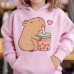 Cute Capybara Loves Bubble Tea kids hoodie pink plus velvet sweater autumn and winter tops for girls Boys Sweater Unisex Wear - Image 4