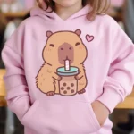 Cute Capybara Loves Bubble Tea kids hoodie pink plus velvet sweater autumn and winter tops for girls Boys Sweater Unisex Wear - Image 6