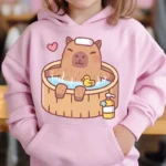 Cute Capybara Loves Bubble Tea kids hoodie pink plus velvet sweater autumn and winter tops for girls Boys Sweater Unisex Wear - Image 3