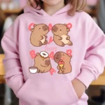Cute Capybara Loves Bubble Tea kids hoodie pink plus velvet sweater autumn and winter tops for girls Boys Sweater Unisex Wear - Image 2