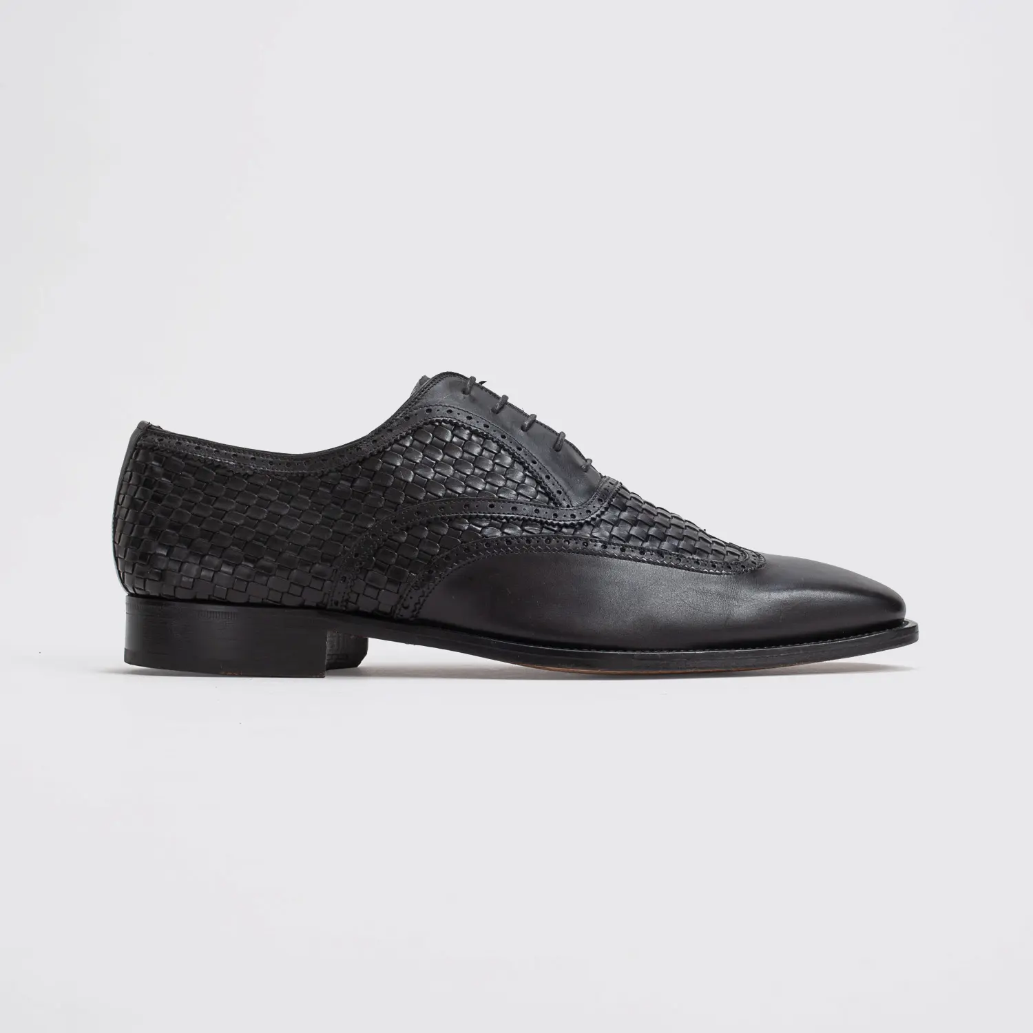 4e756e0f-da61-5000-b8fa-d3e2cb2c9934.jpg.webp Magnanni Wingtip Oxford Shoes Size 13 Men Black Woven Leather Made in Spain - Image 1