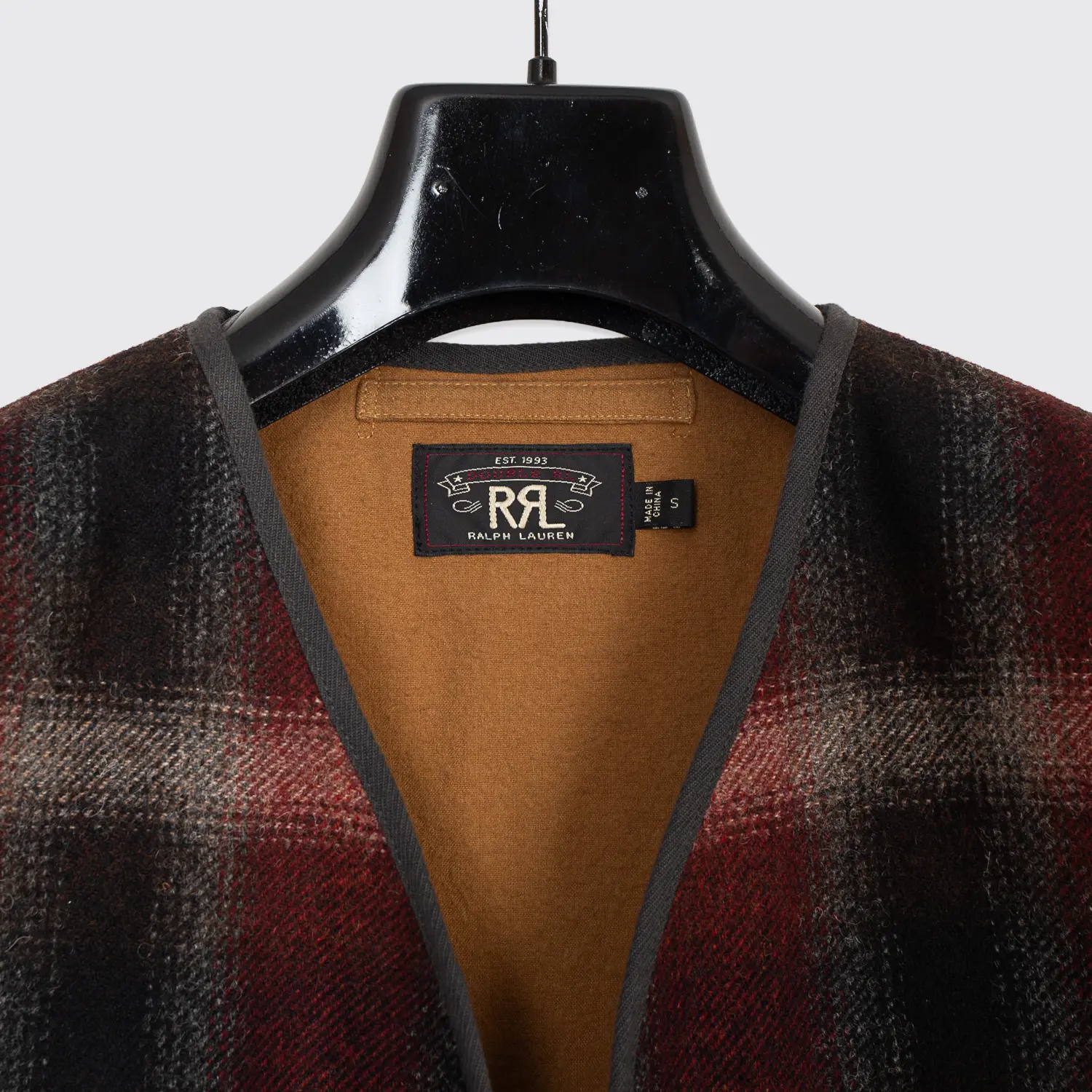 a3ee0f6a-9c72-52f7-a58a-371ae239d3db.jpg.webp RRL Vest Size S Black Red Plaid Wool Tweed Zip Adjustable Waist with Pockets - Image 1